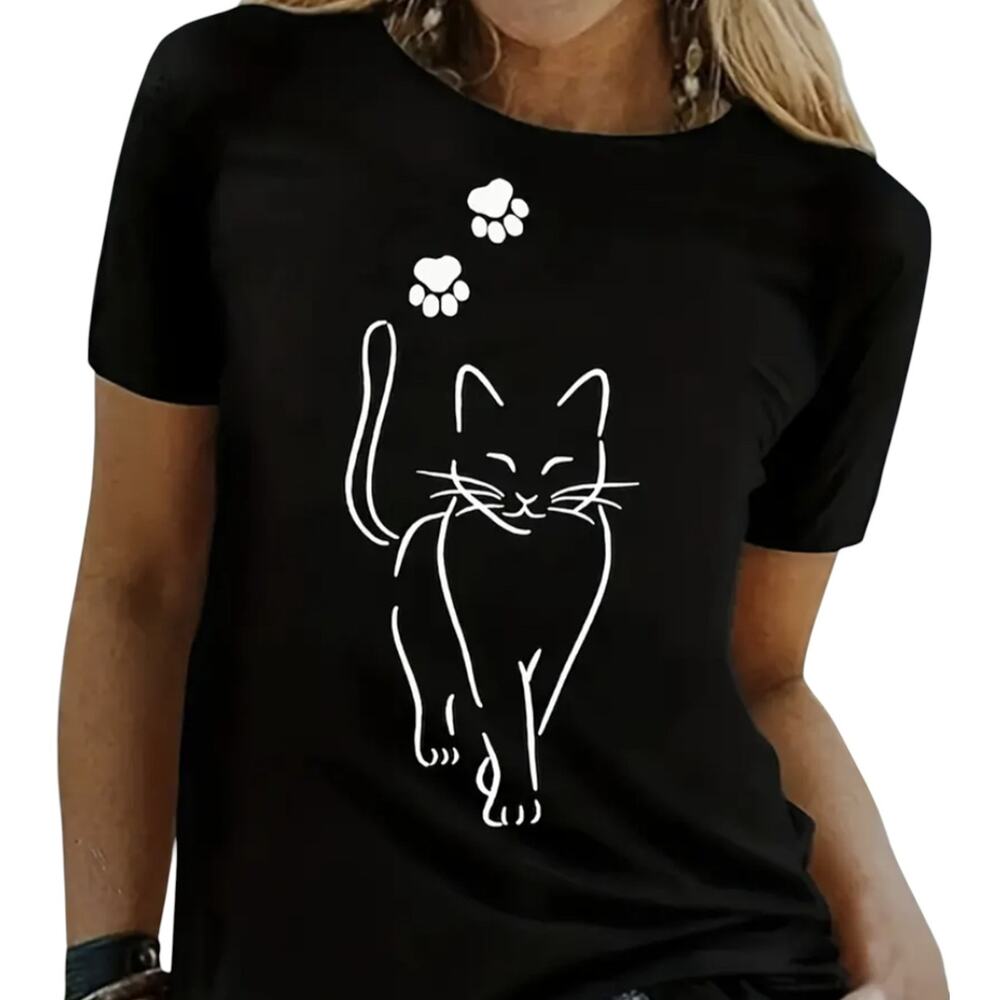 Cat Paws Print Size Large L T-Shirt Black Crew Neck Casual Summer Top